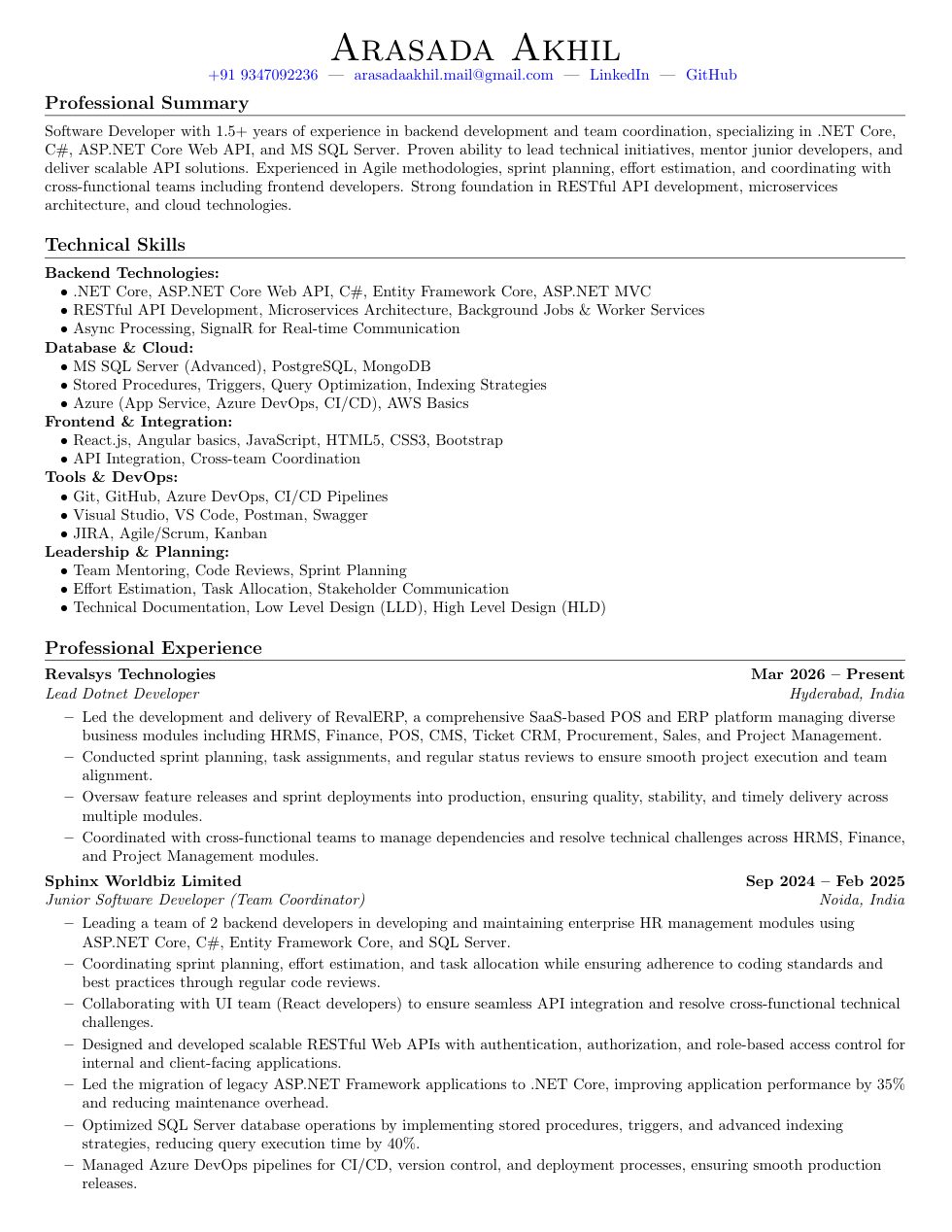 First page of Arasada Akhil's resume